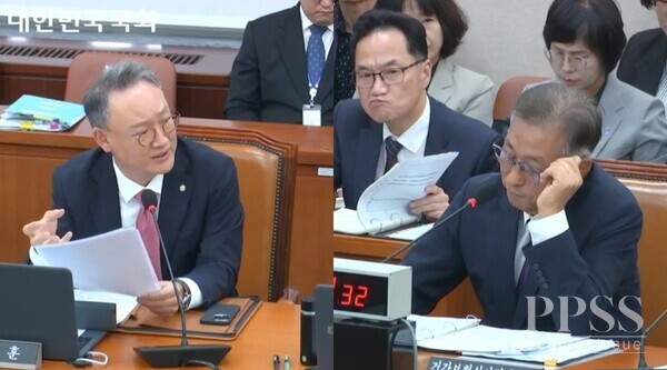 17일 국회에서 열린 보건복지위원회 국정감사에서 국민의힘 안상훈 의원(좌)이 강중구 심사평가원장(우)에게 질의를 하고 있다.