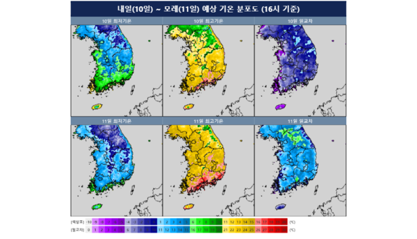 [내일 날씨] 찬 공기 유입으로 전국 기온 큰 폭 하락…아침 -2도~11도, 순간풍속 70km/h 강풍 영향 / 사진=기상청