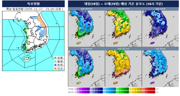 [내일 날씨] 대륙고기압 영향…강풍·풍랑, 전국 4도~12도 한파특보·건조특보 유지 / 사진=기상청
