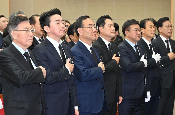 21일 서울 동작구 국립서울현충원에서 열린 고 김영삼 전 대통령 서거 10주기 추모식에서 참석자들이 국기에 경례를 하고 있다.[사진=연합뉴스]