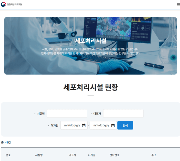 보건복지부 세포처리시설 현황에 스크이브는등로되지 않았다